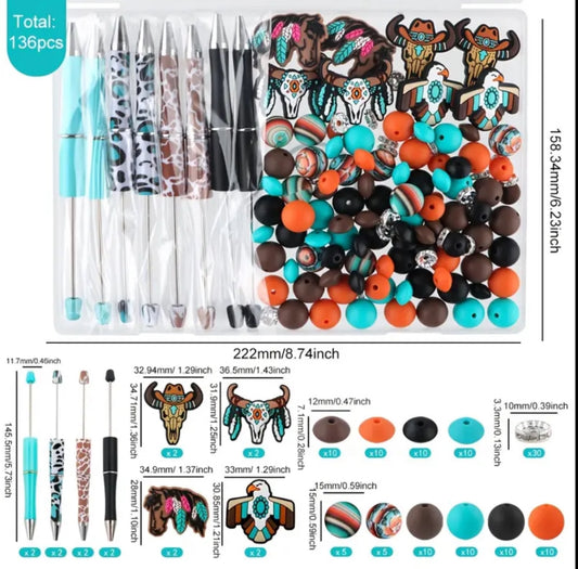 8 Beadable Western Pen Set - 136 pc (Focals, Silicone Beads, Pens, Etc) - Discontinued