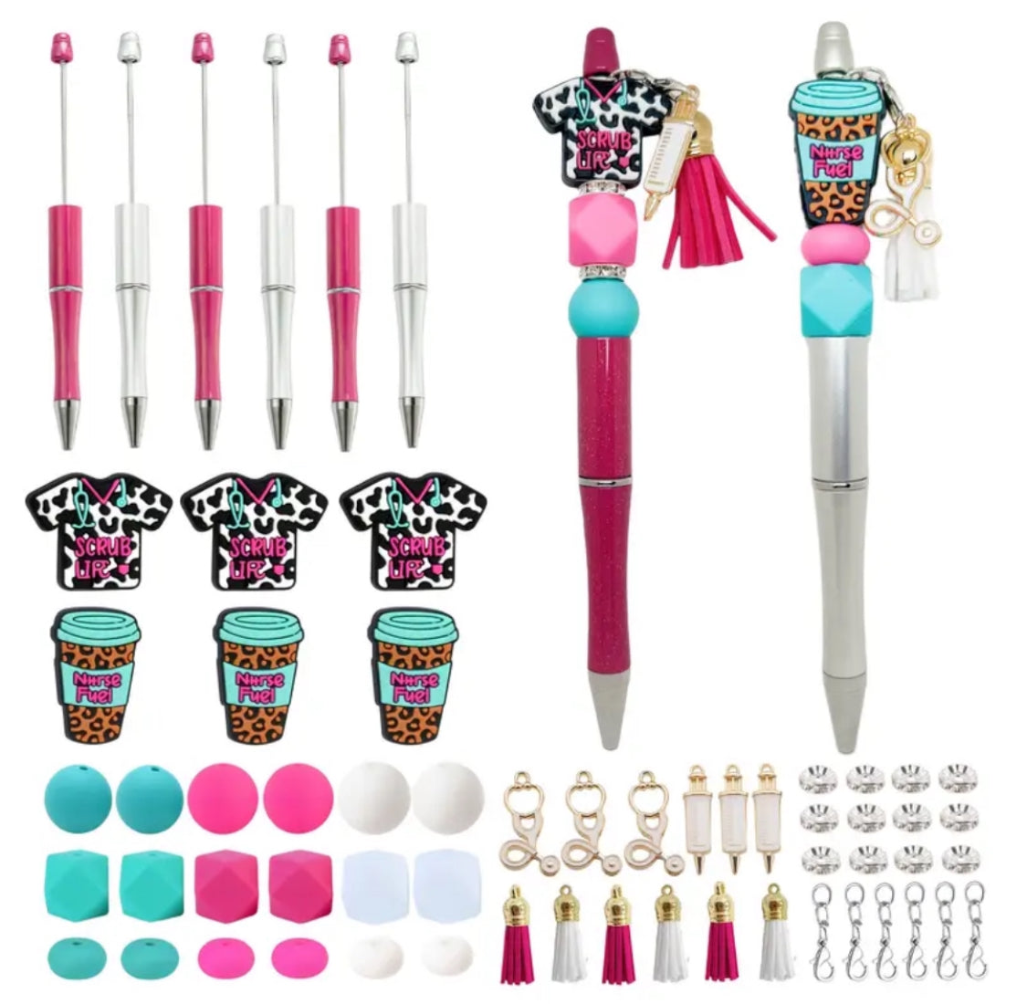 6 Beadable Nurse Pen Set - 60 pc (Focals, Silicone Beads, Pens, Etc) - Discontinued