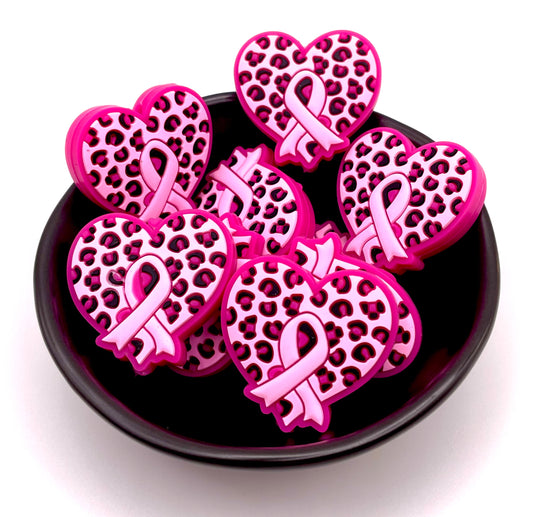 Leopard Heart Pink Ribbon Focal Bead
