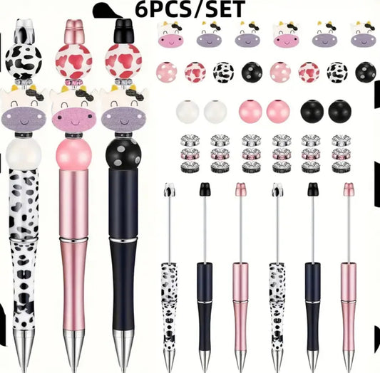 Complete Cute Cow Print Pen Set 6ct - Wooden Beads, Focals, & Rhinestones